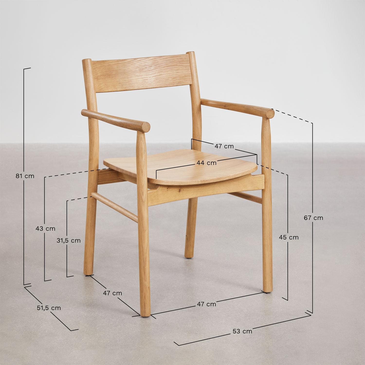Set van 4 eetkamerstoelen met armleuningen van eikenhout Mara Signature, AFMETINGEN