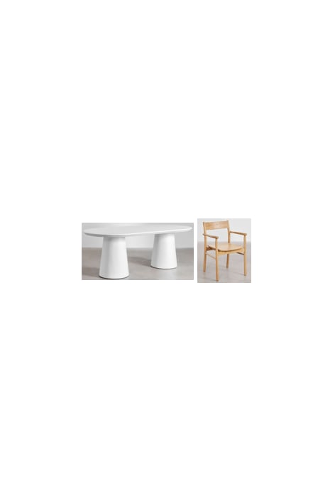 Ovale eettafelset 220x95 cm in cement Noemi en 6 eikenhouten eetkamerstoelen Mara Signature