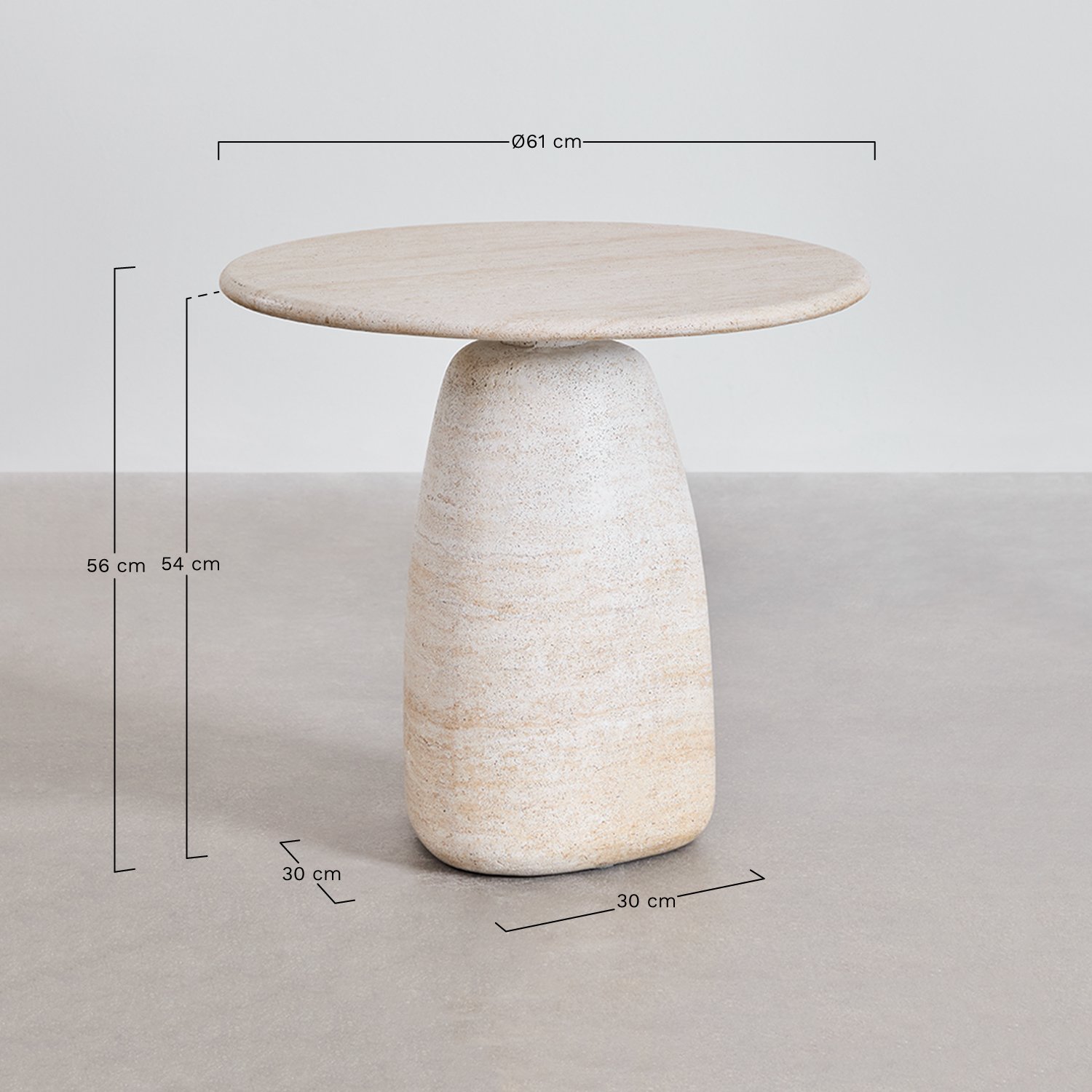Ronde bijzettafel in travertin-look cement Grebik, AFMETINGEN
