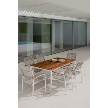 Rechthoekige Tafelset Van Aluminium En Teakhout (160x90 Cm) Katiana En 6 Stoelen Van Aluminium En Gevlochten Touw Nediam Wit - Sklum