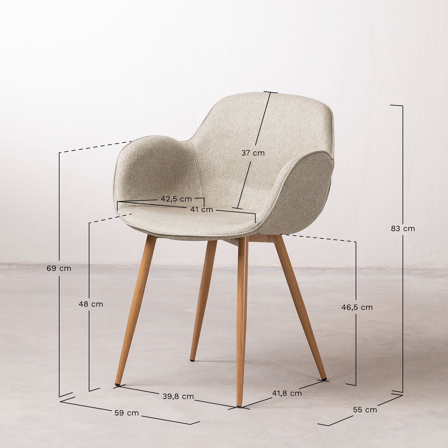 Set van 4 Fargo eetkamerstoelen gestoffeerd en van ijzer, AFMETINGEN