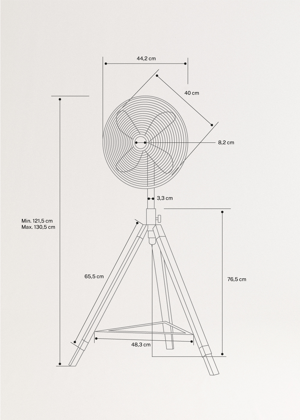 CREATE - AIR TRIPOD RETRO - 50W staande ventilator, AFMETINGEN