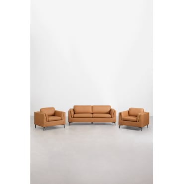 Woonkamerset Met 2-zitsbank En 2 Fauteuils In Soren Kunstleer Kameel - Sklum