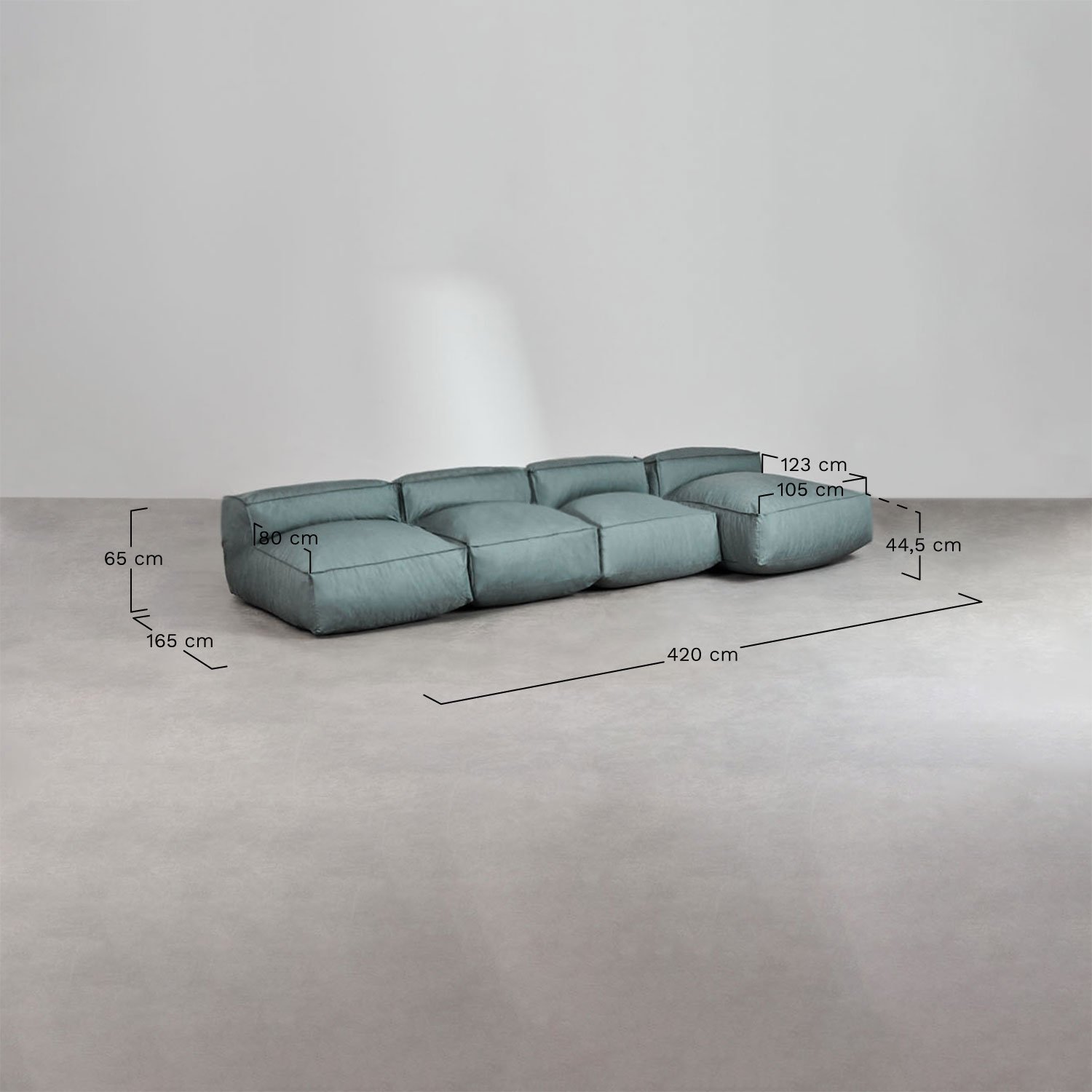 4-delige modulaire chaise longue bank en Dojans poef, AFMETINGEN