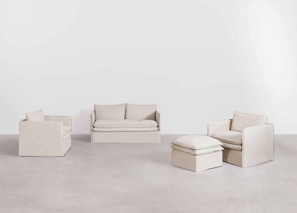 Woonkamerset met een 2-zitsbank, 2 fauteuils en een poef in linnen en katoen Grace - Stof Beige