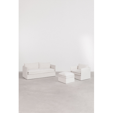 Woonkamerset Met 3-zitsbank, Fauteuil En Poef In Linnen En Katoen Grace Stof Gebroken Wit - Sklum