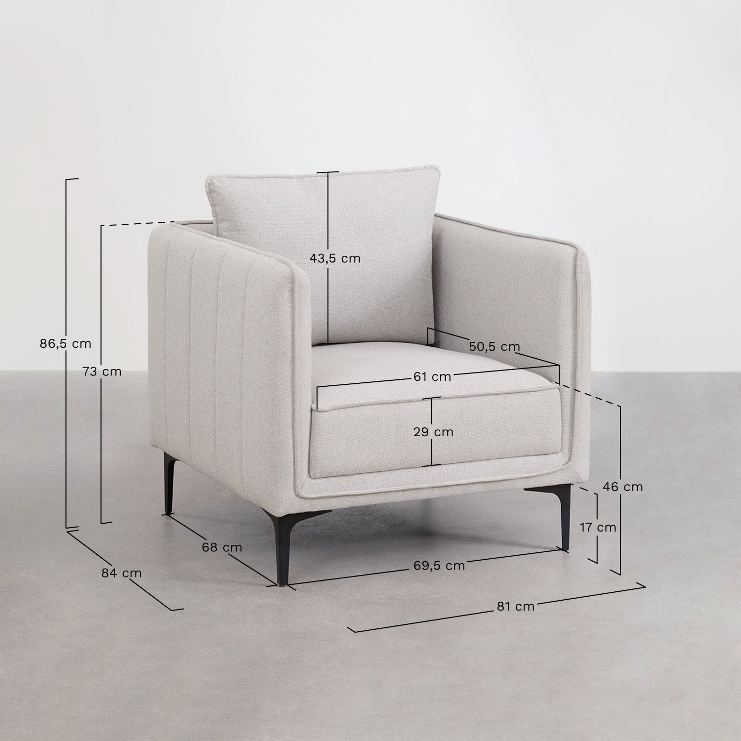 Beniares fauteuil, AFMETINGEN