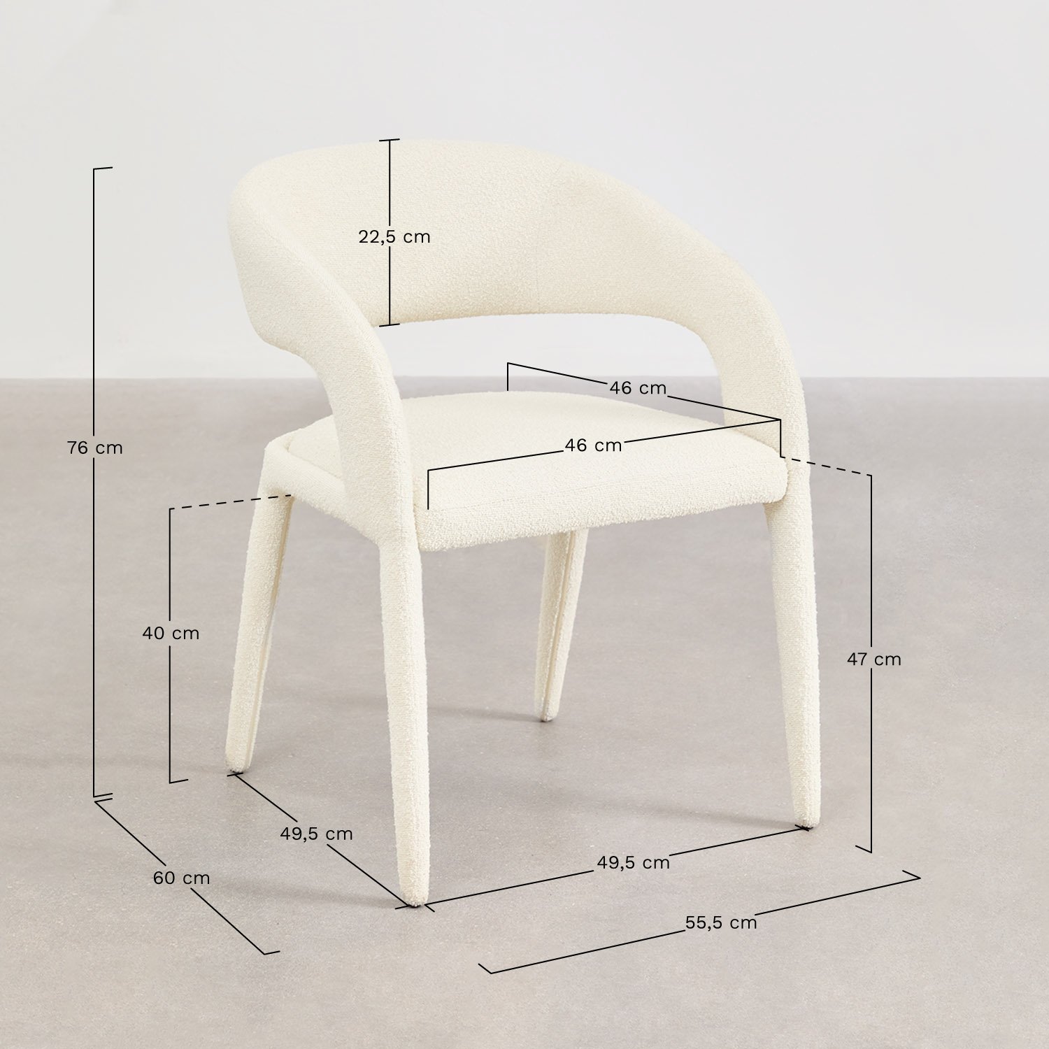 Set van 2 Arazeina gestoffeerde eetkamerstoelen met armleuningen, AFMETINGEN
