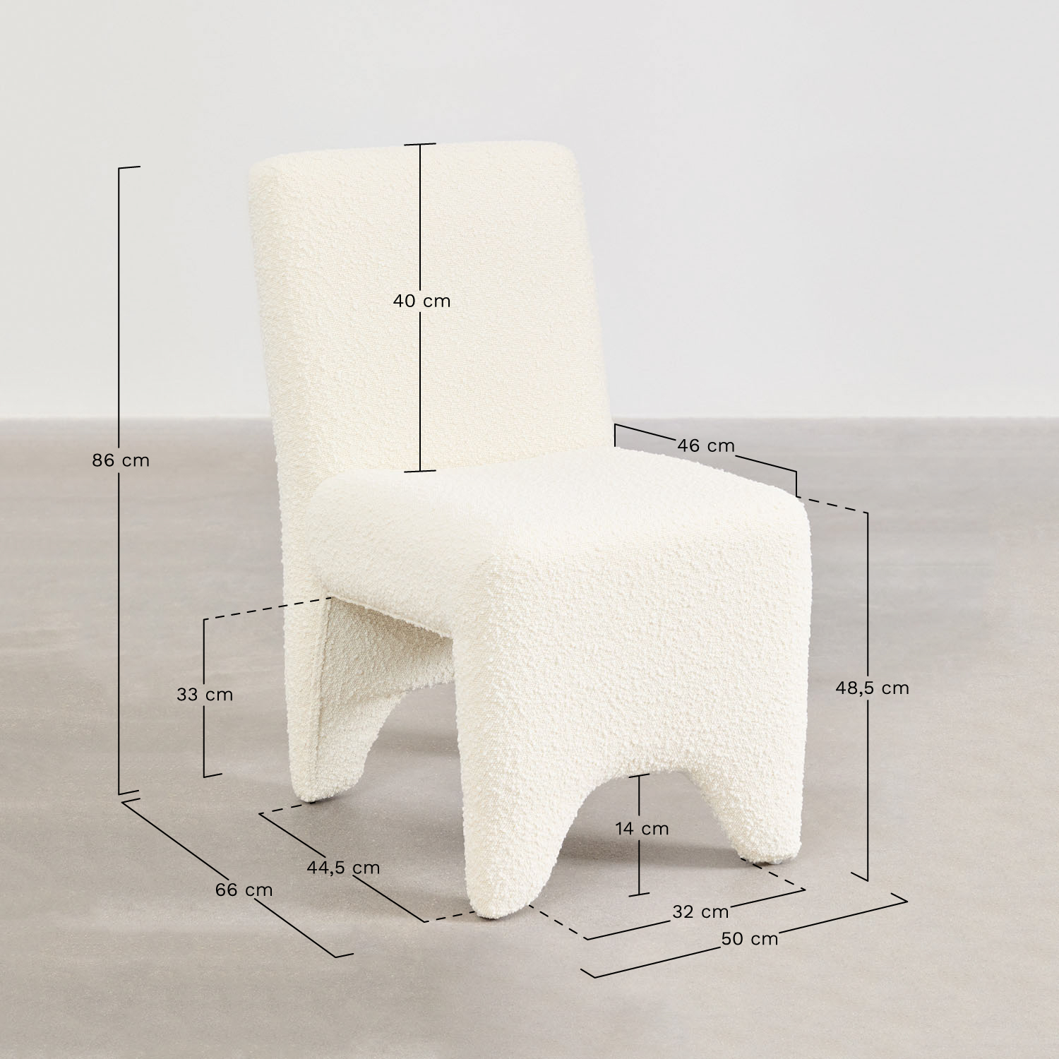 Set van 2 eetkamerstoelen in hout en boucléstof Kamez, AFMETINGEN