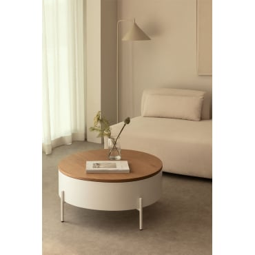 Ronde Verhoogde Salontafel In Hout En Staal (ø80 Cm) Tainara Wit - Eikenhout - Sklum