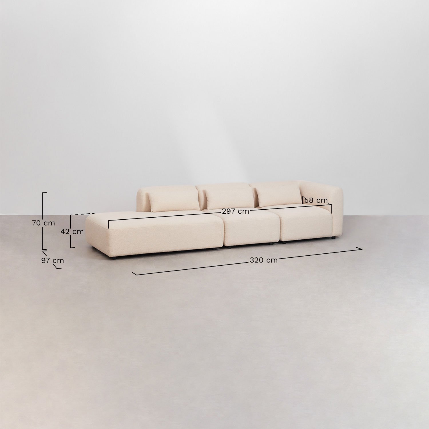 Fogler 3-delige modulaire hoekbank met chaise longue links, AFMETINGEN