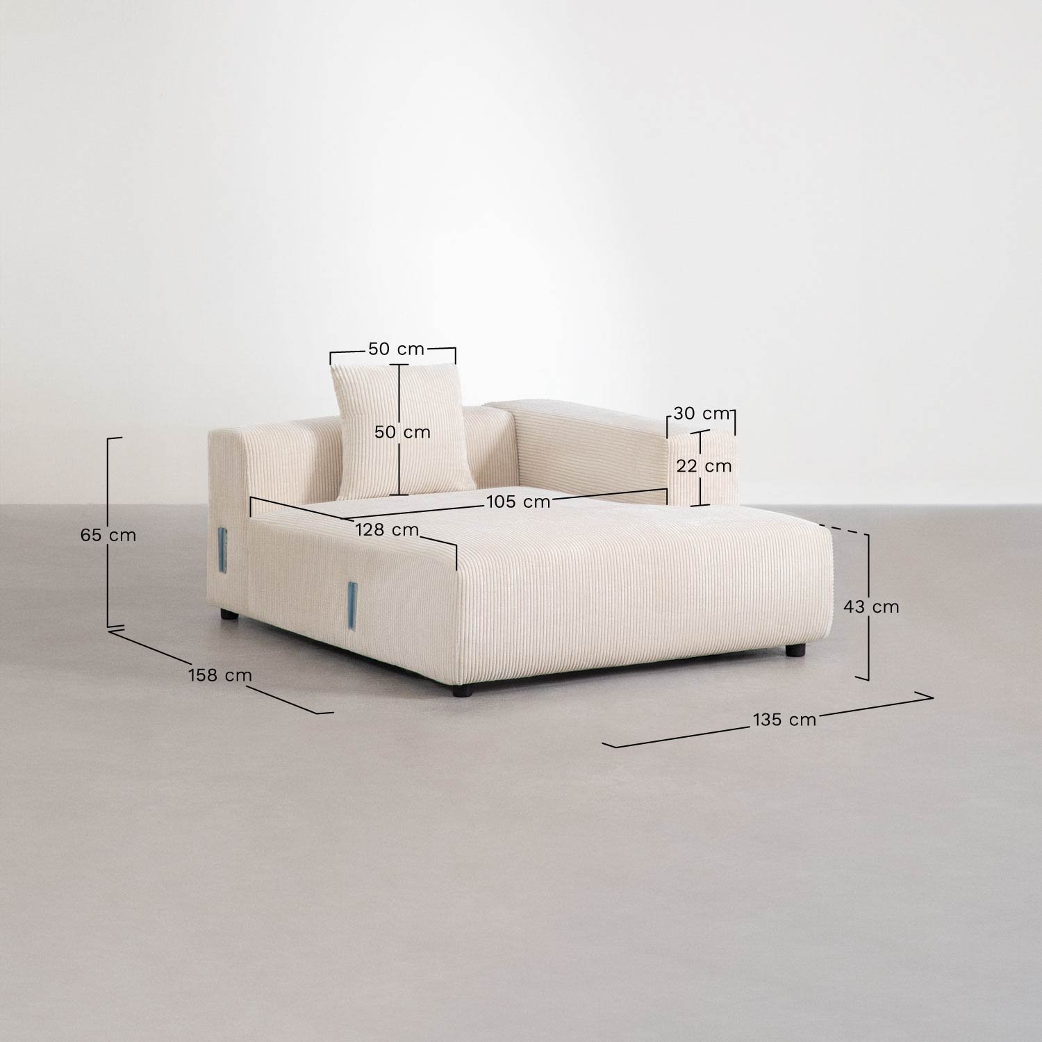 Rechter chaise longue module met kussen voor modulaire bank Bruna, AFMETINGEN