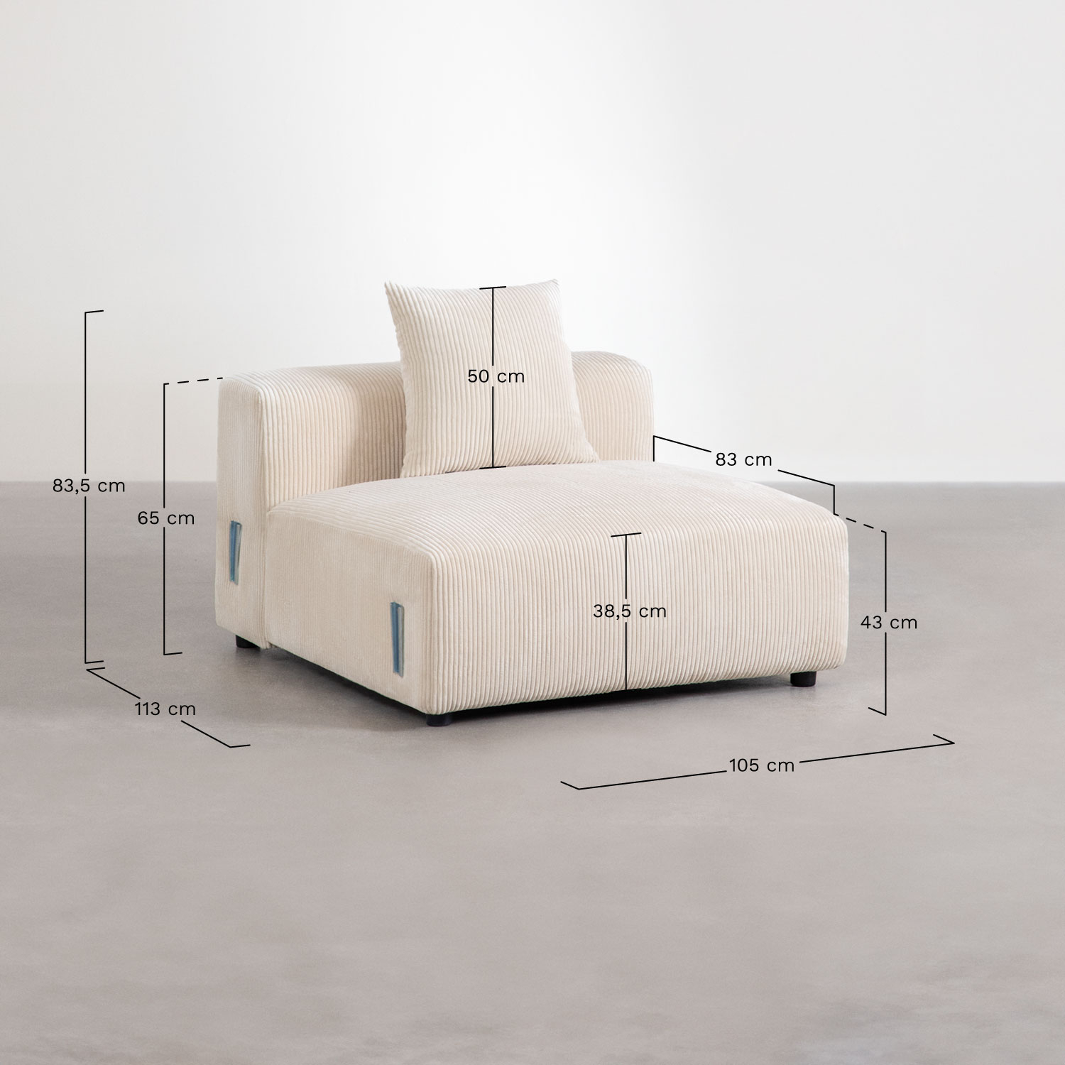 Middenmodule 105x113 cm met kussen voor modulaire bank Bruna, AFMETINGEN