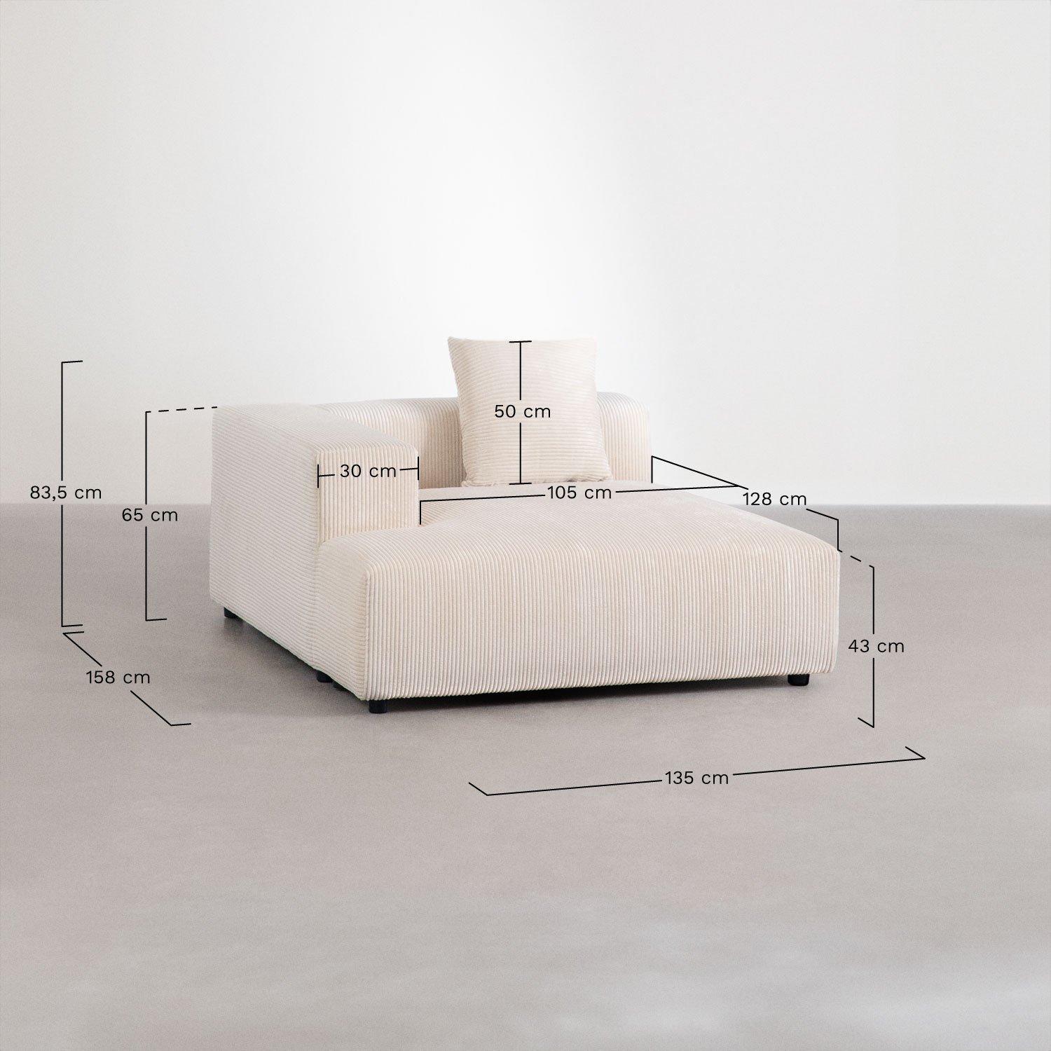 Linker chaise longue module met kussen voor modulaire bank Bruna , AFMETINGEN