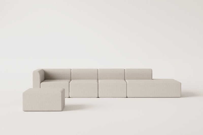 4-delige modulaire hoekbank met chaise longue rechts en Fogler poef