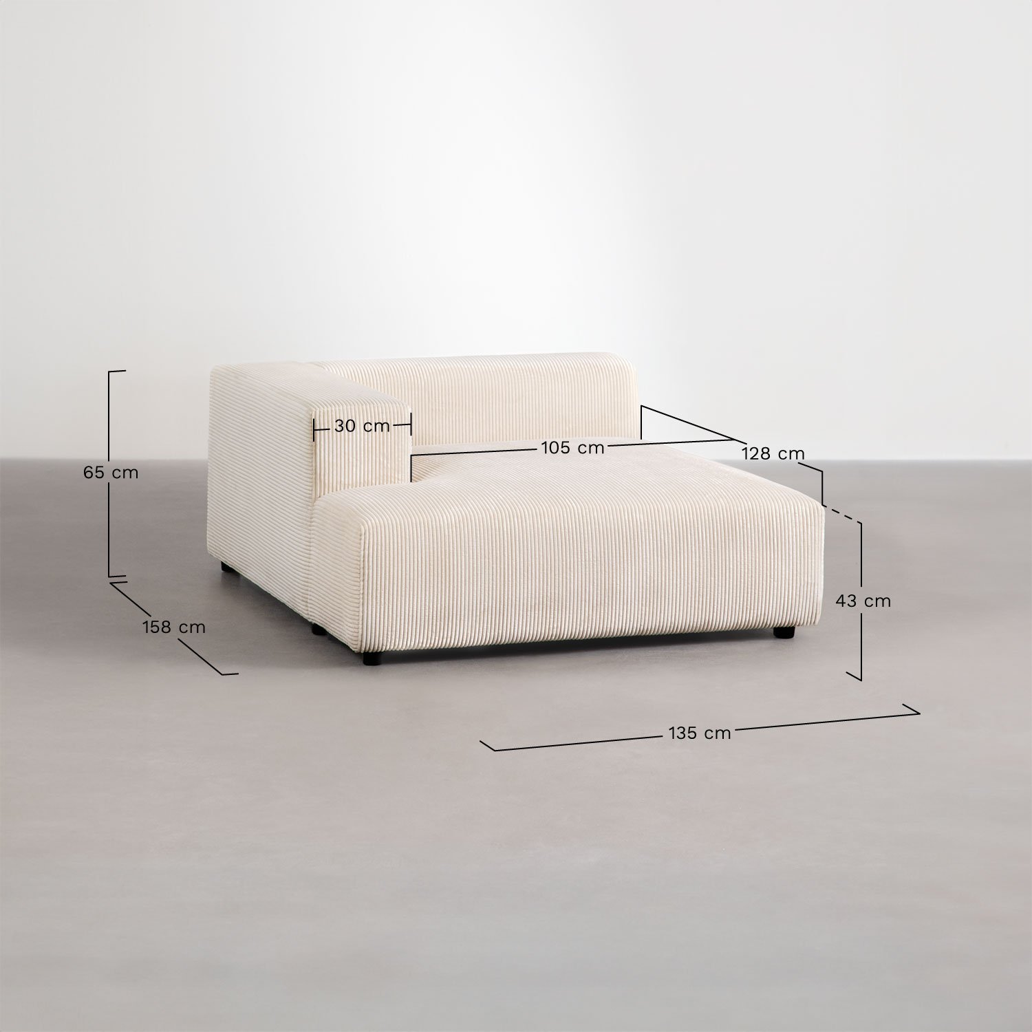 Linker chaise longue module voor modulaire bank Bruna, AFMETINGEN