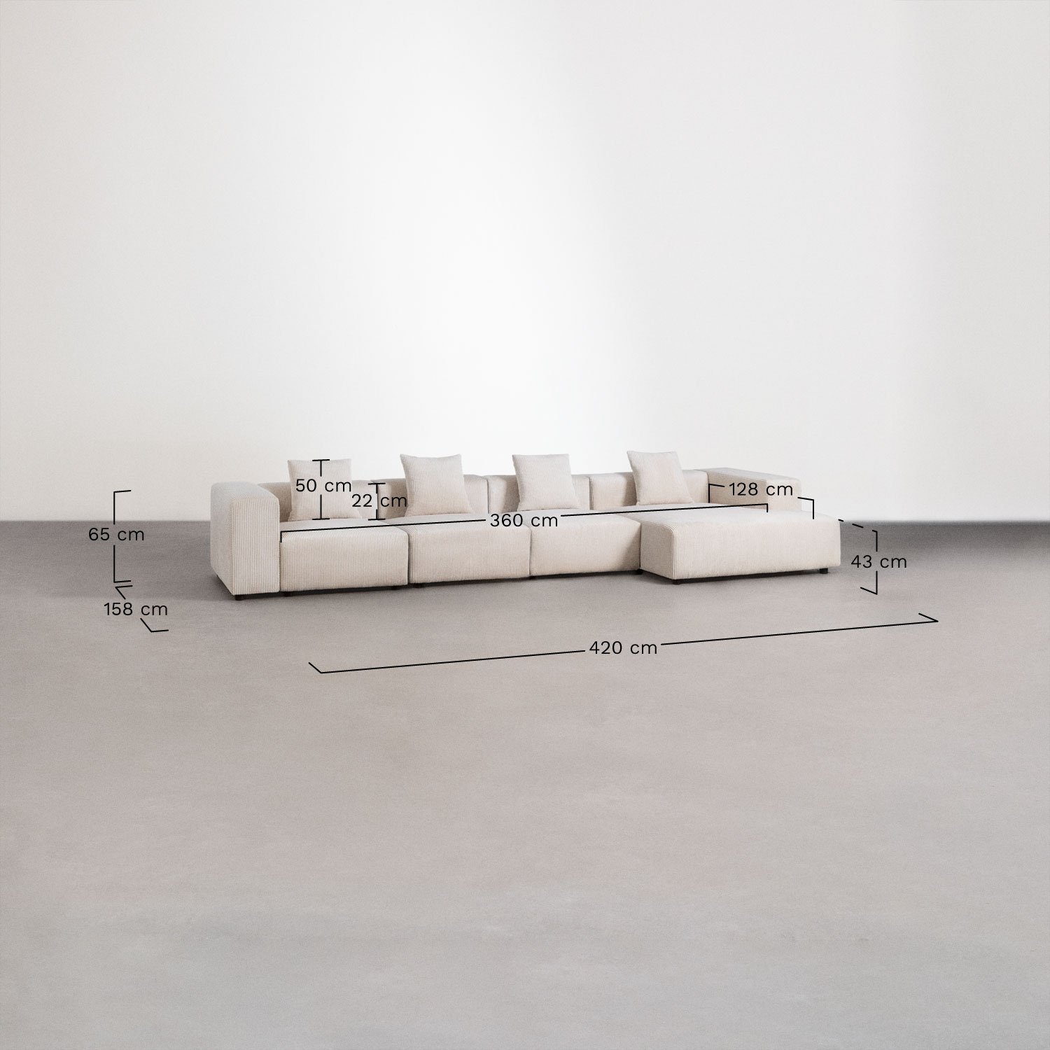 Modulaire bank met chaise longue rechts, 4-delig ↔︎420 cm met hoge armleuning Bruna , AFMETINGEN