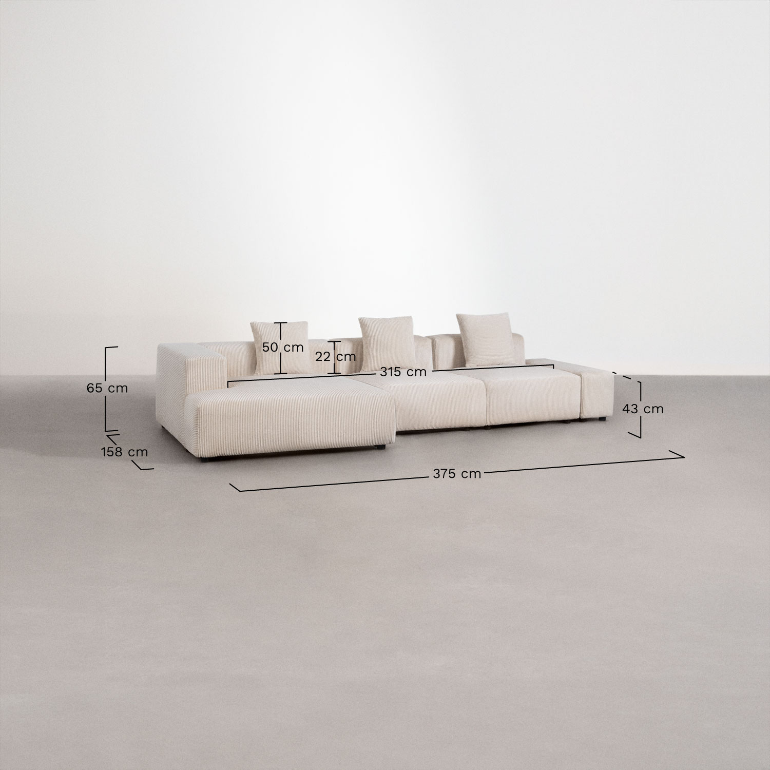 Bruna modulaire hoekbank met chaise longue links, 3-delig ↔︎375 cm, AFMETINGEN