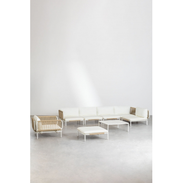 5-delige Modulaire Tuinhoekbank Met Poef, Fauteuil En Roubly Salontafel Beige Amandelroos - Sklum