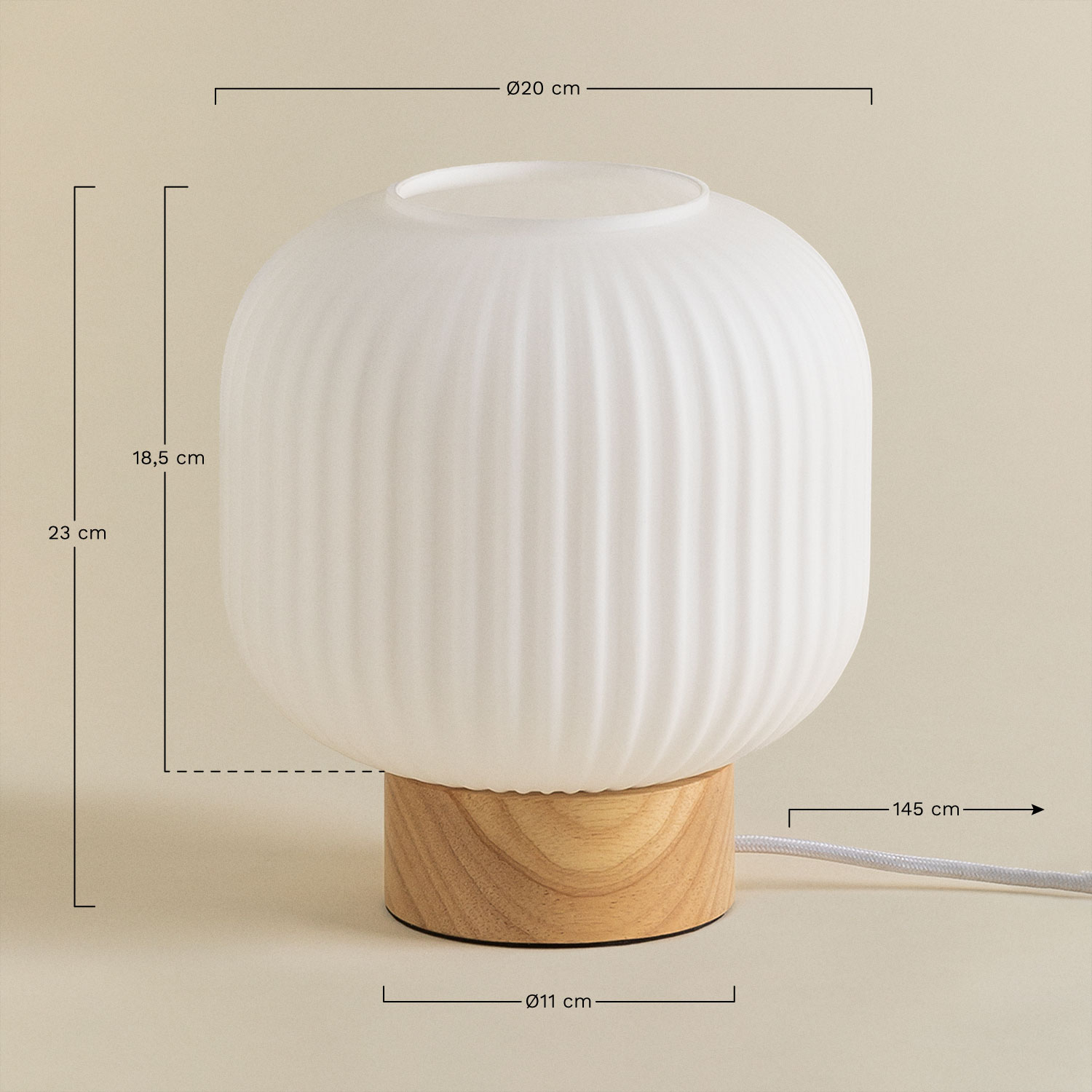 Bruner tafellamp van hout en glas, AFMETINGEN