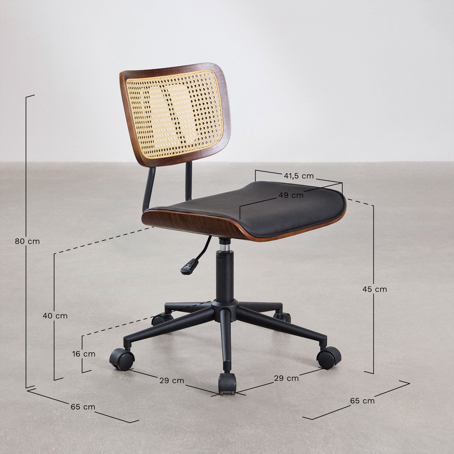 Raysa bureaustoel met wielen in hout, rotan en kunstleer, AFMETINGEN