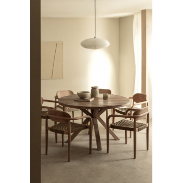 Ronde Tafelset (ø120 Cm) En 6 Eetkamerstoelen Met Armleuningen In Hout Naele Bruin - Tarwe - Sklum