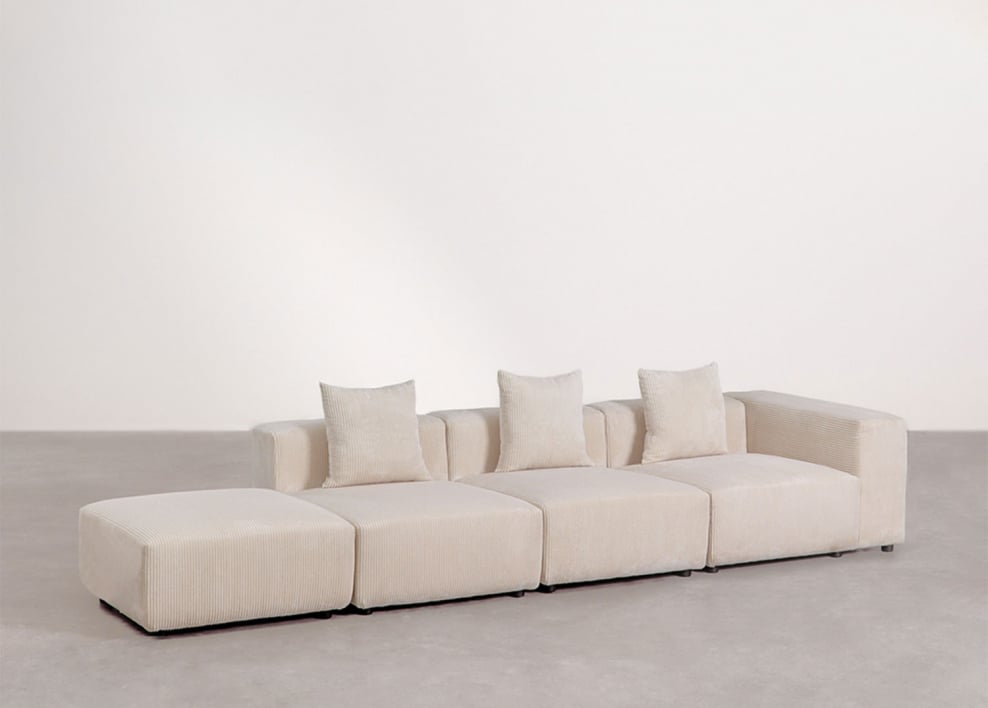 3-delige modulaire hoekbank met hoge armleuning en poef (↔︎370 cm) Bruna - Corduroy Beige – linnen