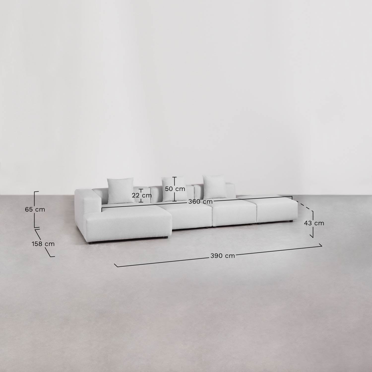 Modulaire hoekbank met chaise longue links, 3-delig met poef ↔︎390 cm Bruna, AFMETINGEN