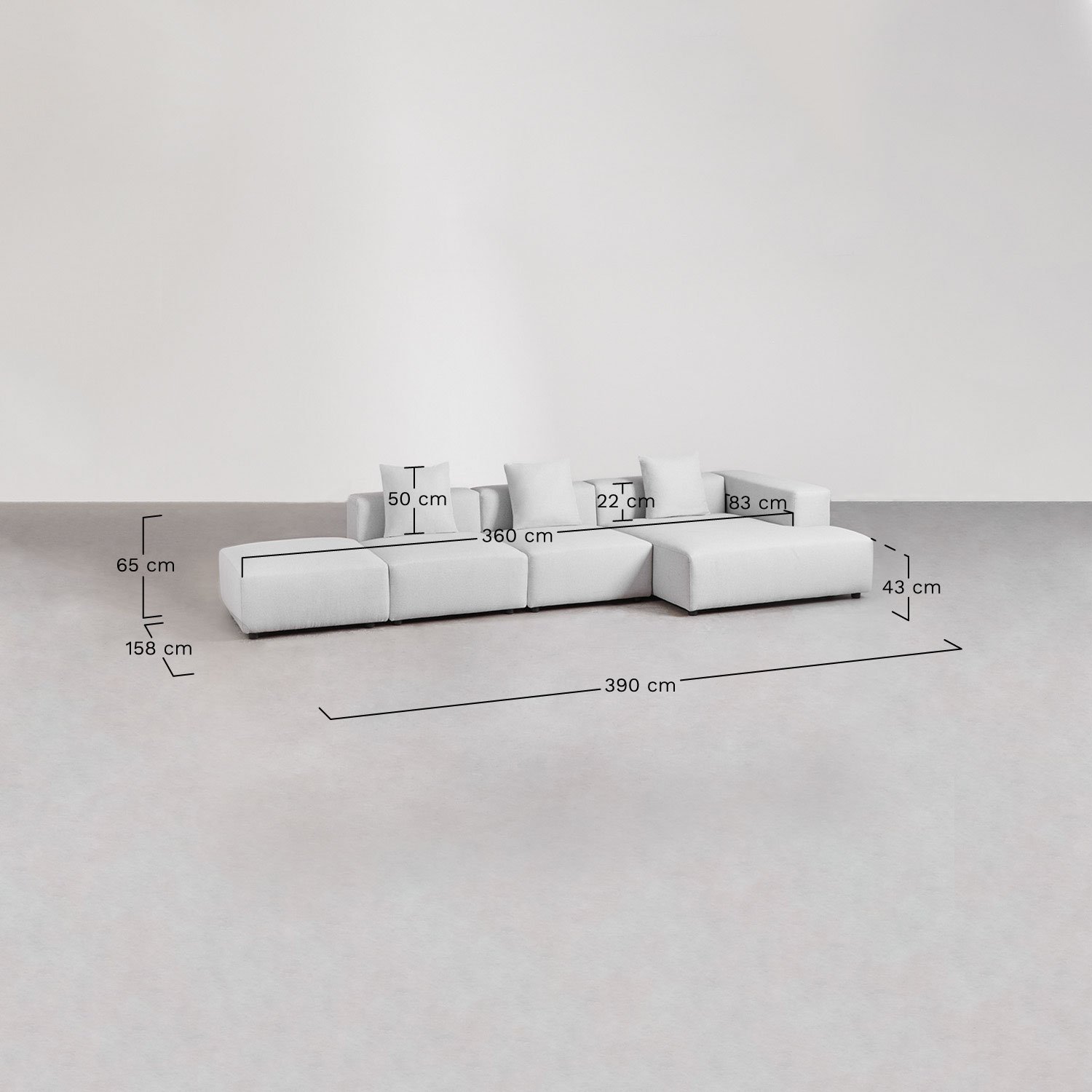 Bruna modulaire hoekbank met chaise longue rechts, 3-delig met poef ↔︎390 cm, AFMETINGEN