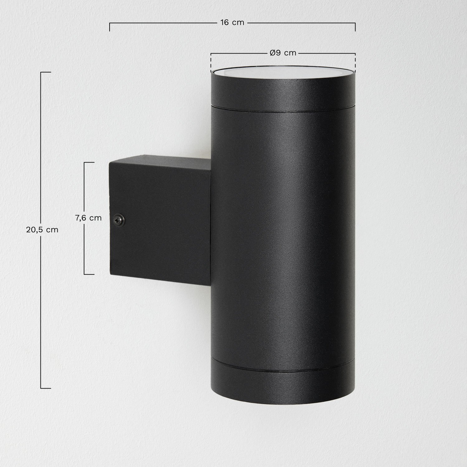 Aluminium buitenwandlamp met 2 Bixent lichtpunten, AFMETINGEN