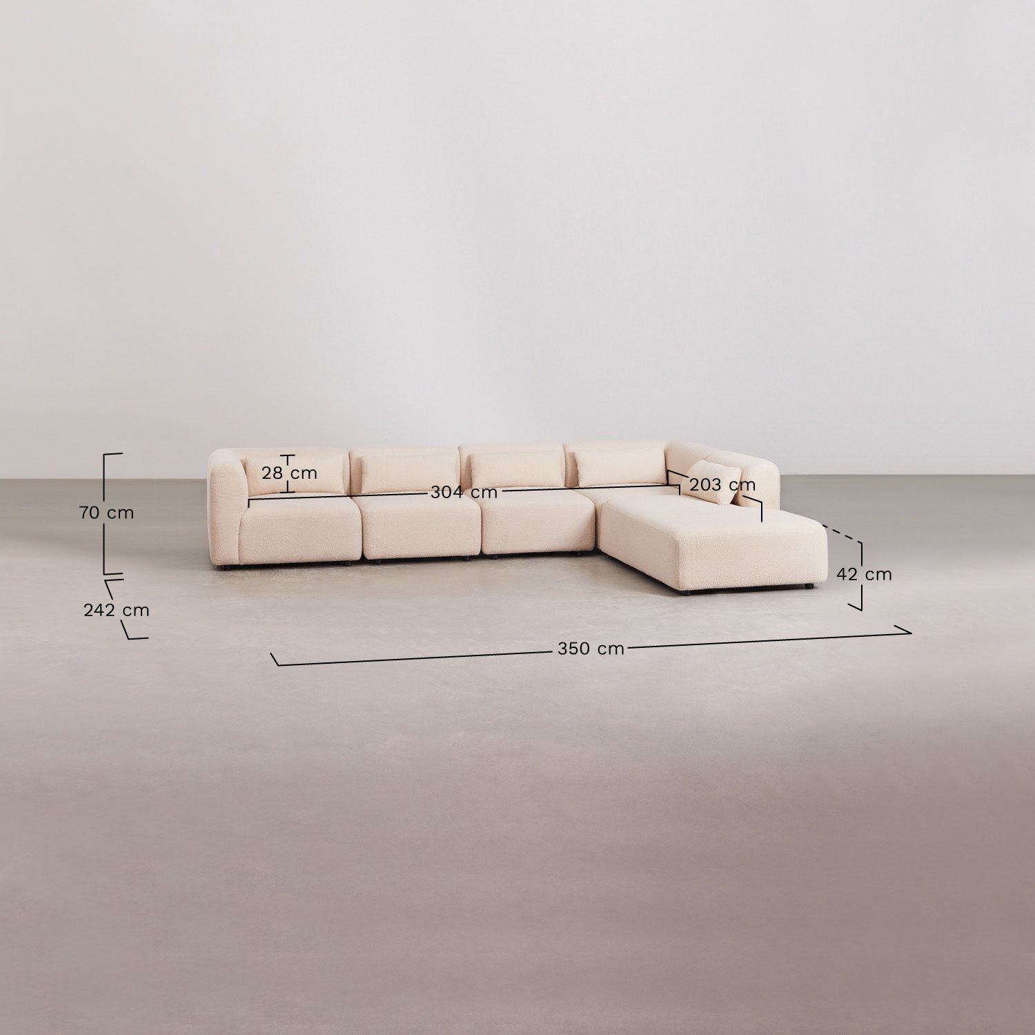 Fogler 5-delige modulaire bank met chaise longue rechts, AFMETINGEN