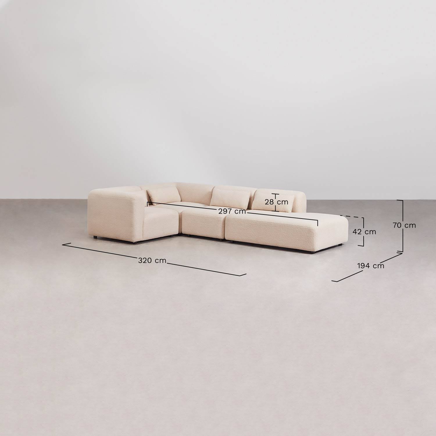 Fogler 4-delige modulaire hoekbank met chaise longue rechts, AFMETINGEN
