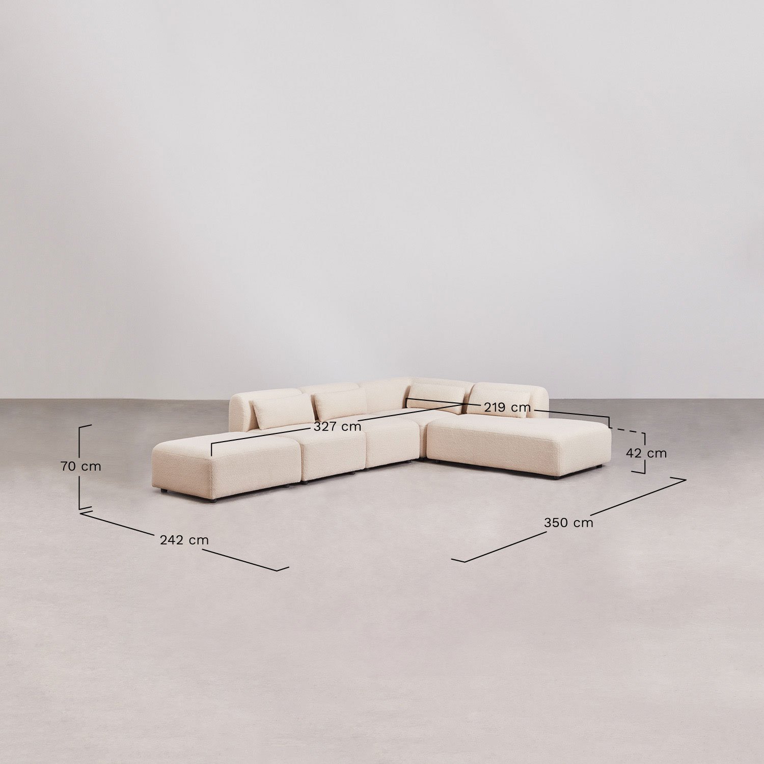 4-delige modulaire hoekbank met chaise longue rechts en Fogler poef, AFMETINGEN