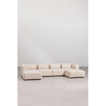 4-delige Chaise Longue Modulaire Bank Met Fogler Poef Chenille Crème Beige - Sklum