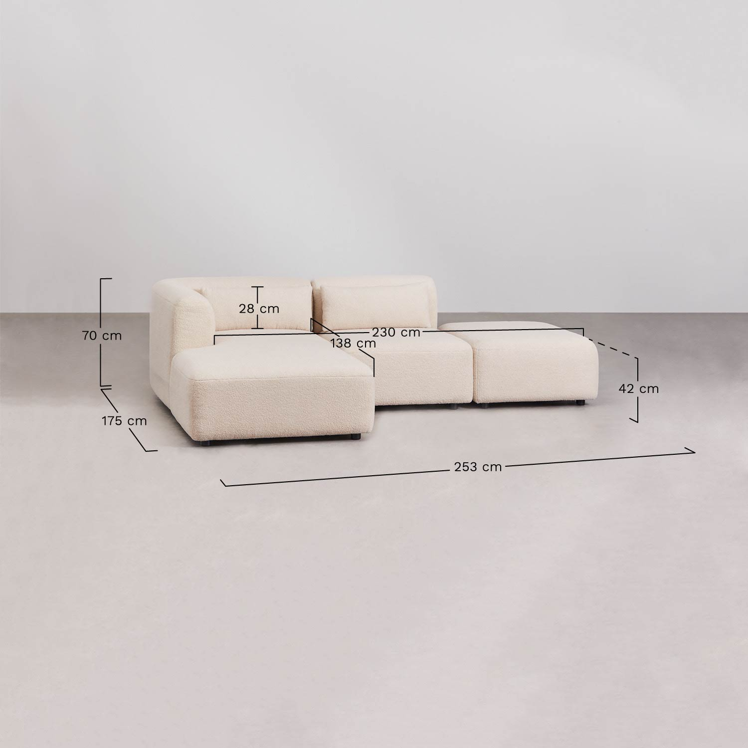 2-delige chaise longue modulaire bank links met Fogler poef, AFMETINGEN
