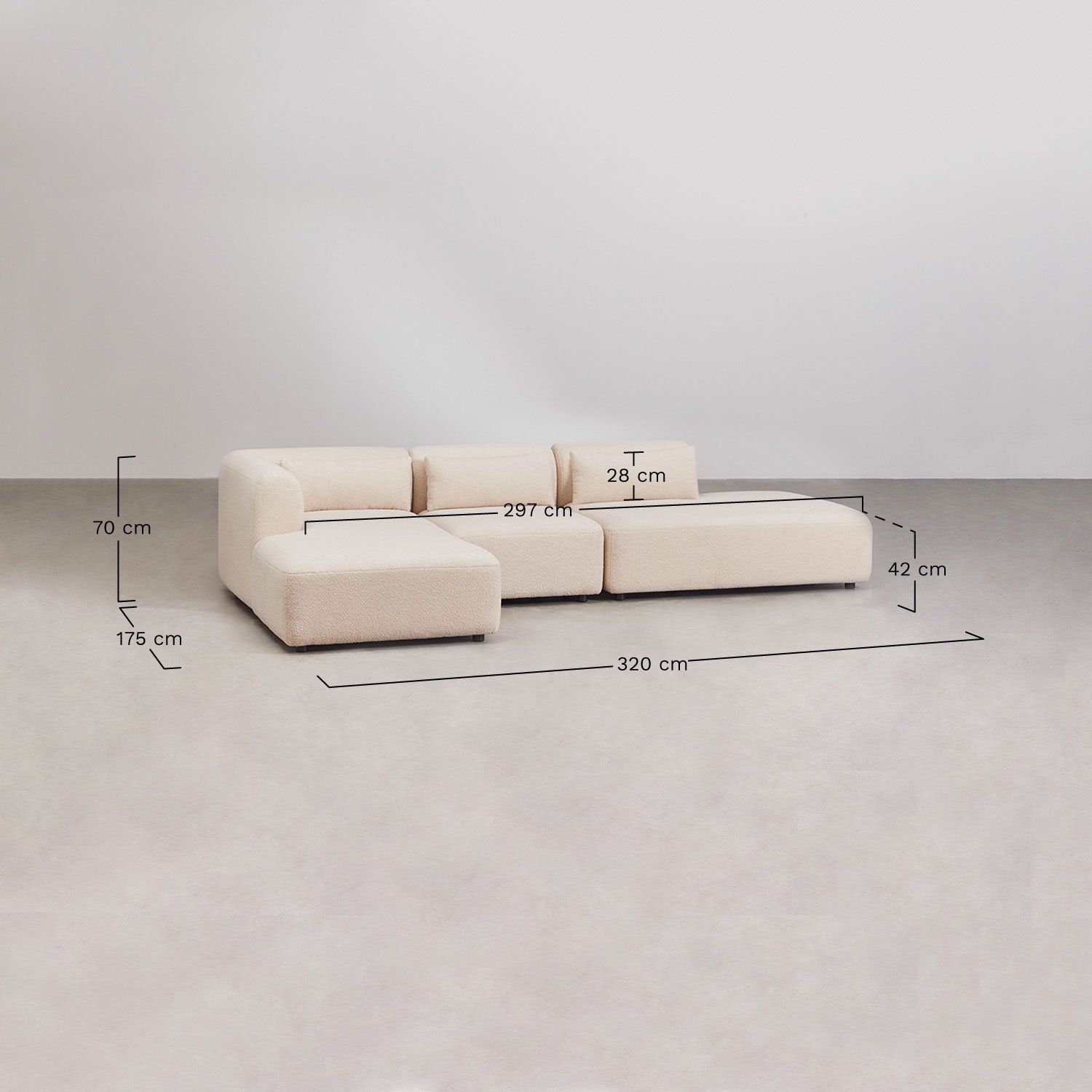 Modulaire 3-delige bank met linker chaise longue en divan Fogler, AFMETINGEN