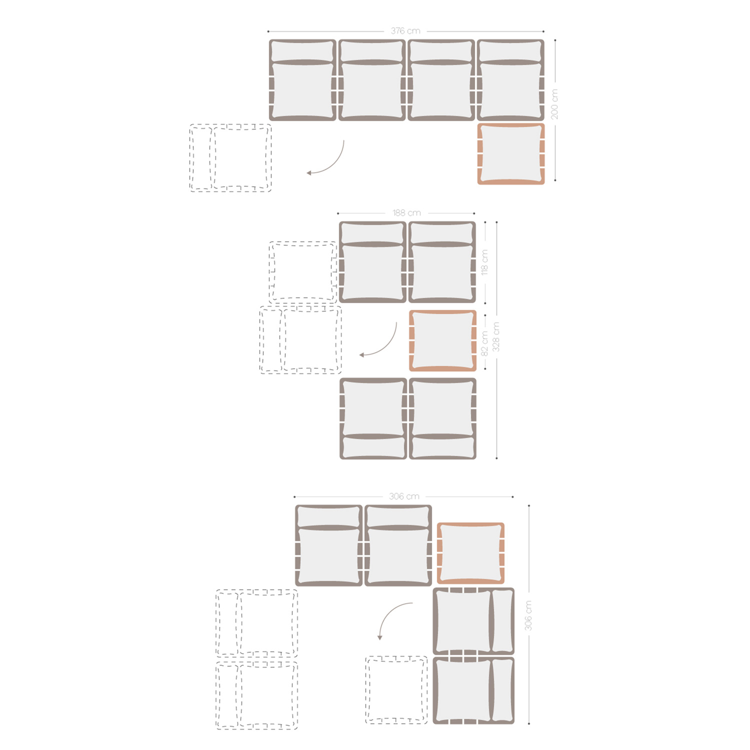 4-delige modulaire relaxfauteuil met voetenbank in acaciahout Brina, AFMETINGEN