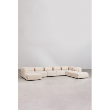 6-delige Chaise Longue Modulaire Bank Links Met Fogler Poef Chenille Crème Beige - Sklum