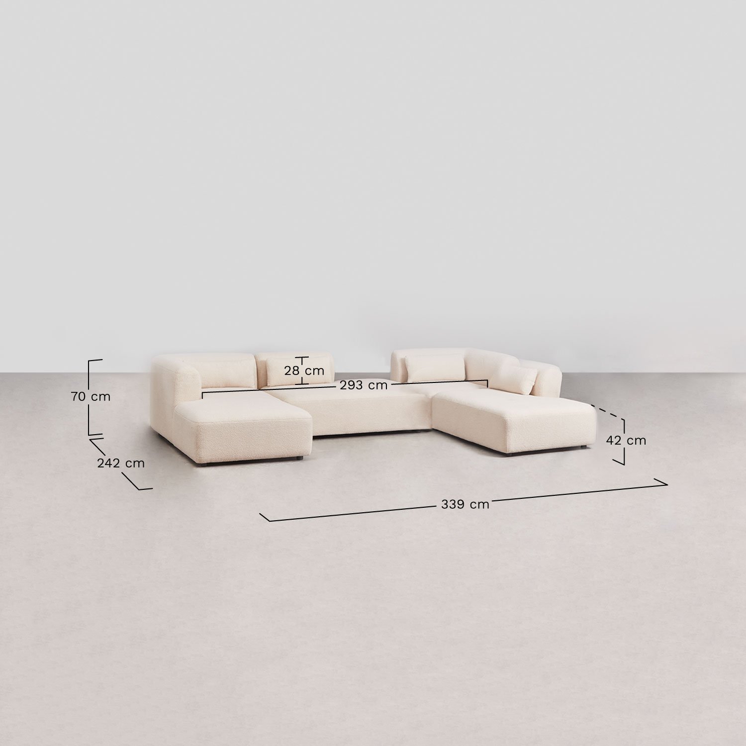 Fogler 4-delige modulaire chaise longue-bank met dubbele chaise longue links, AFMETINGEN