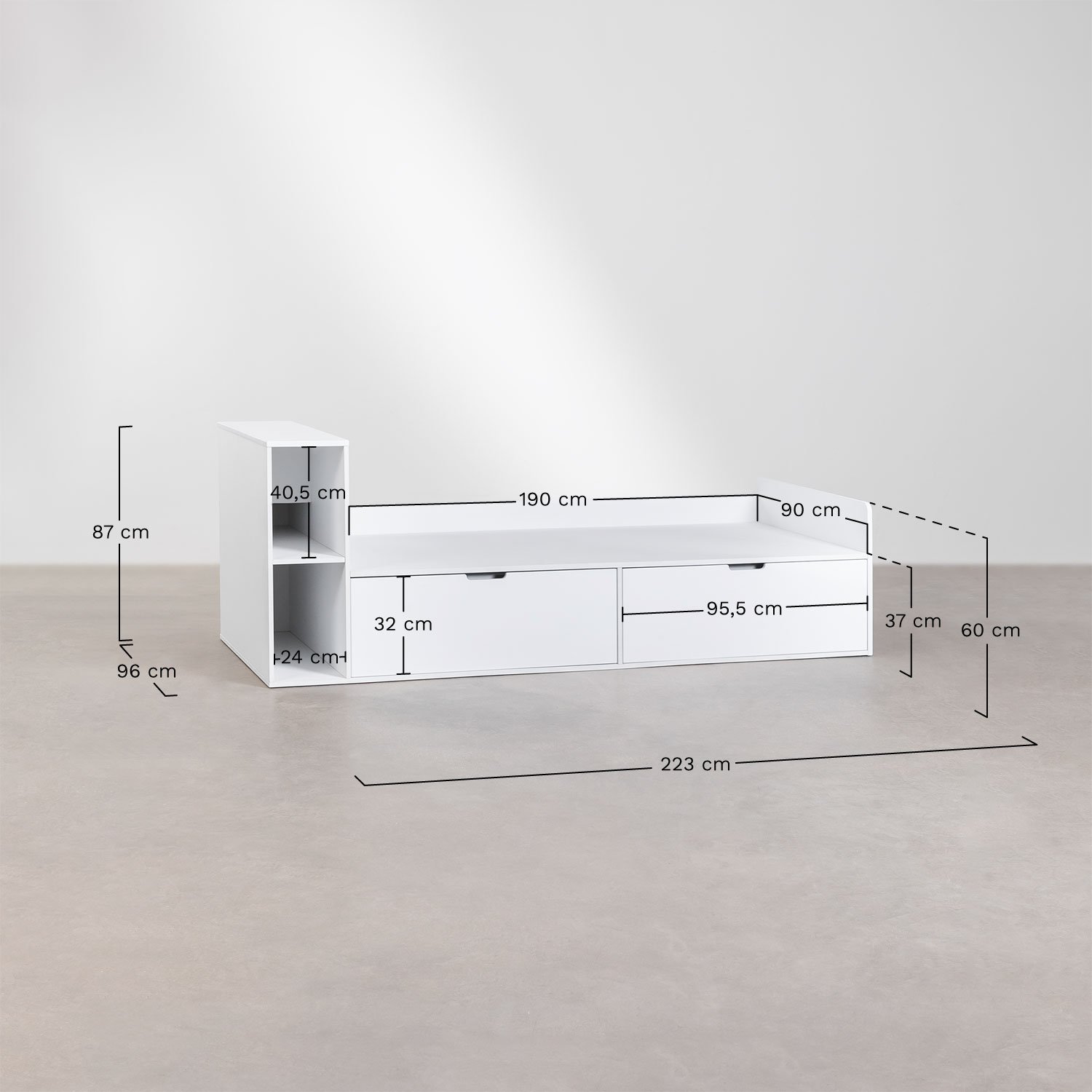 Bed voor matras 90x190 cm met 2 lades in MDF Janete Kids, AFMETINGEN