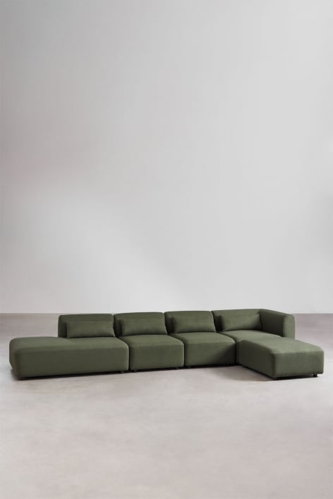 Fogler 4-delige hoekbank met chaise longue links en poef - Chenille Groen – Salie
