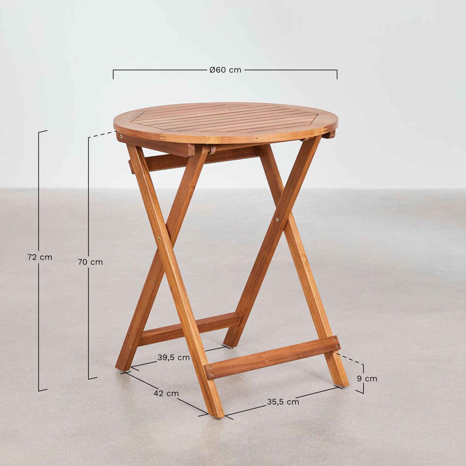 Ronde tuintafel Ø60 cm opvouwbaar van acaciahout Delawer, AFMETINGEN