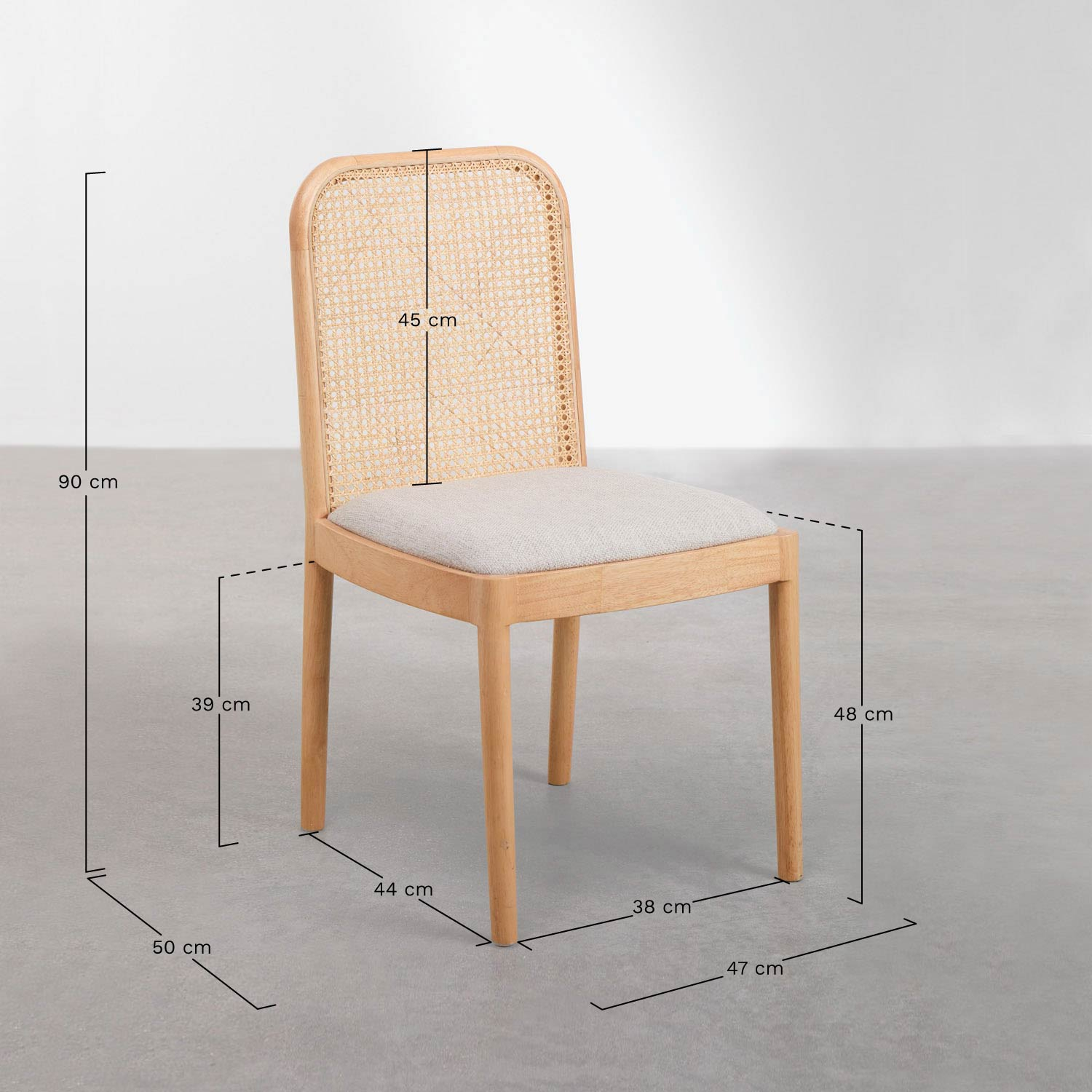 Set van 2 eetkamerstoelen van rubberhout en rotan Yaiza, AFMETINGEN