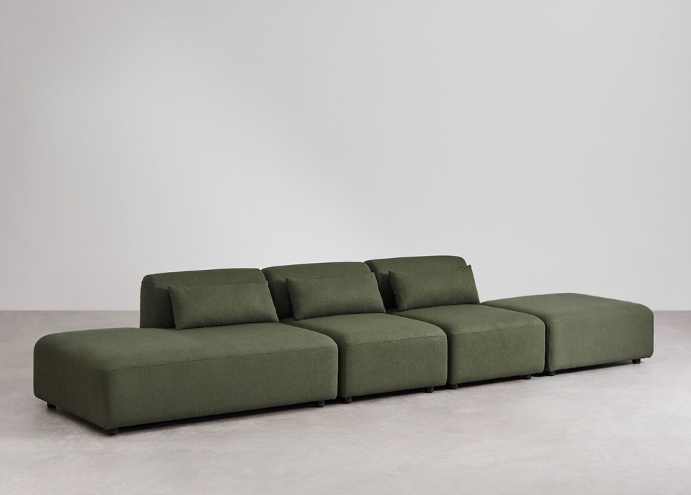 3-delige modulaire bank met links chaise longue en Fogler poef - Chenille Groen – Salie