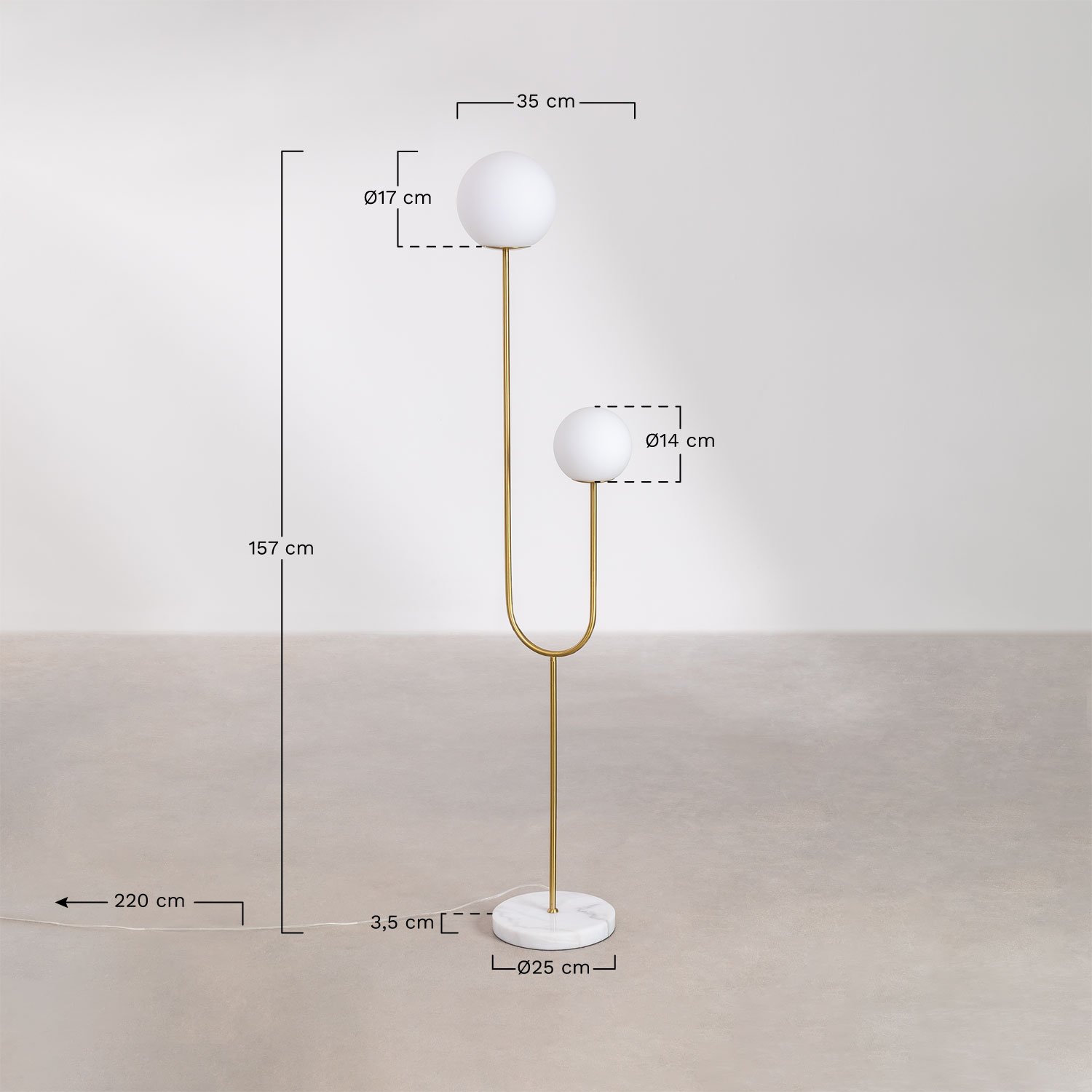 Staande lamp van ijzer, marmer en twee glazen Niama-bollen     , AFMETINGEN