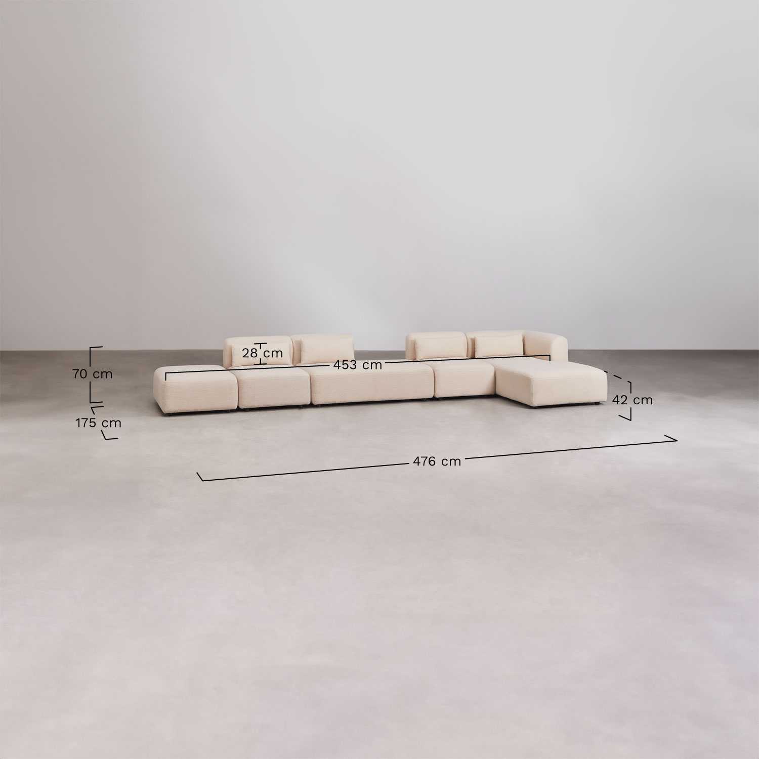 4-delige chaise longue modulaire hoekbank met chaise longue en poef Fogler, AFMETINGEN