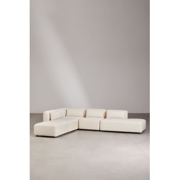 4-delige Modulaire Hoekbank Met Chaise Longue Rechts En Fogler Poef Corduroy Beige – Linnen - Sklum