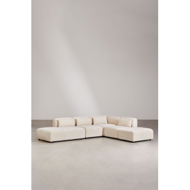 4-delige Modulaire Hoekbank Met Chaise Longue Links En Fogler Poef Corduroy Beige – Linnen - Sklum