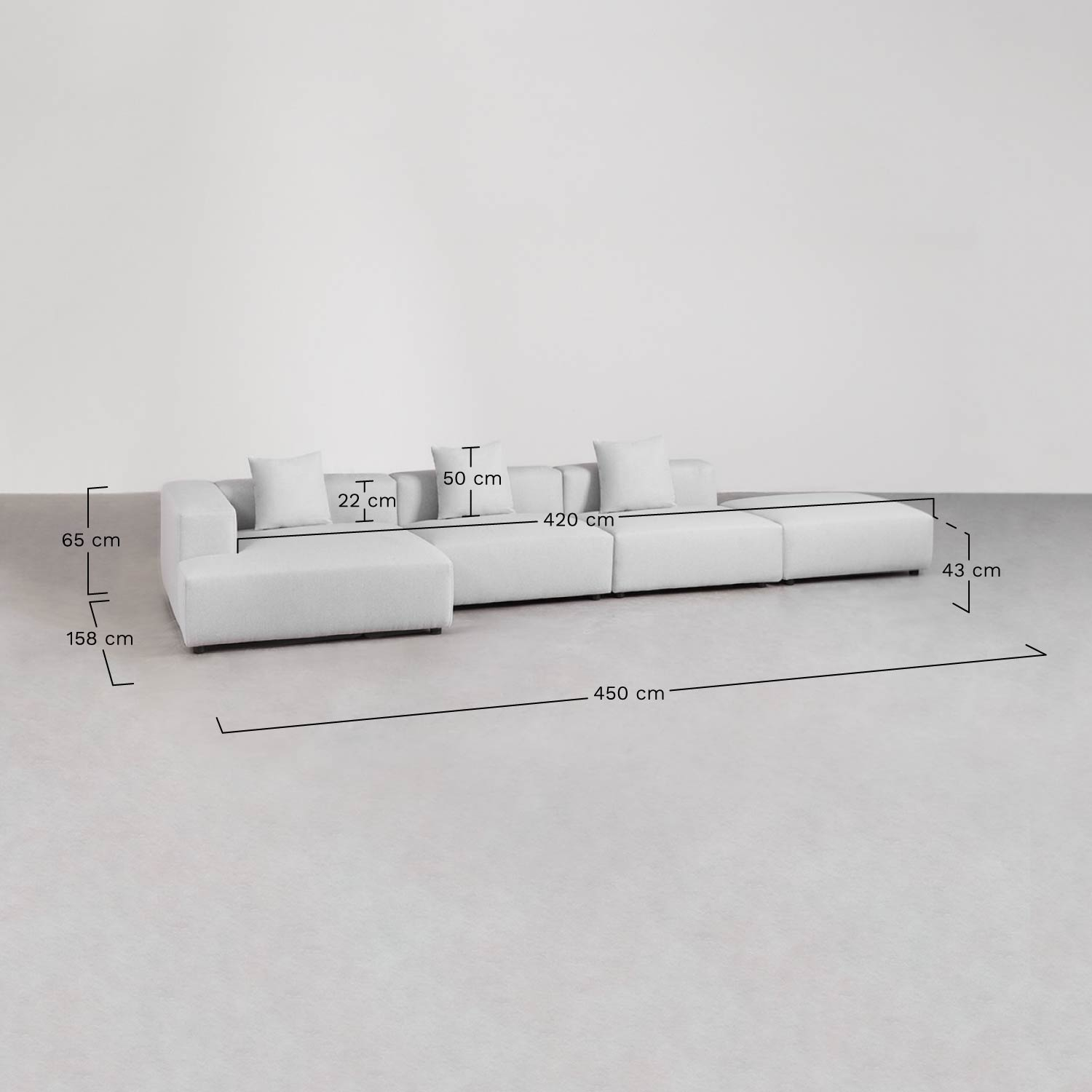 Bruna modulaire hoekbank met chaise longue links, 3-delig met poef ↔︎450 cm, AFMETINGEN