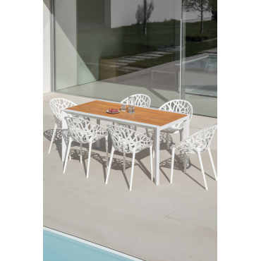 Rechthoekige 160x90 Cm Eettafelset Van Eucalyptus Hout En Aluminium Archer Classic En 6 Stapelbare Tuinstoelen Ores Gardenia Wit - Sklum